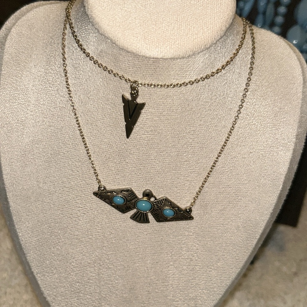 Eagle and Arrow head Gold and Blue Layered Necklace Set with Mystical Accents